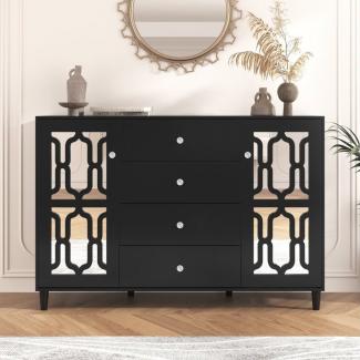 Merax Sideboard mit Spiegelelementen und geometrischem Trellis-Muster, Kommode mit vier Schubladen und Spiegelfront,Anrichte,B:147cm