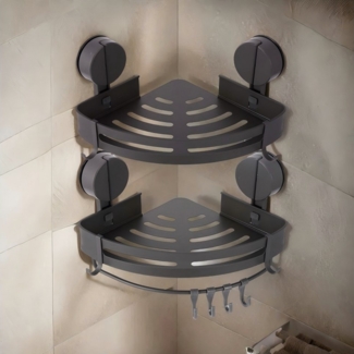 BlingBin Duschregal Eckregal Duschablage mit Saugnapf Ohne Bohren, 2er Set 2-tlg, Dusch Aufbewahrung mit Handtuchhalter und 4 Haken