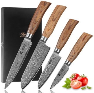 Wakoli Messer-Set Edib Pro 4 Damastmesser I Kochmesser Küchenmesser I 8-17cm Klingen (Damastmesser mit Geschenkbox, 4-tlg, 4er Damastmesser-Set mit Holzbox), 67 Lagen Damaststahl, VG-10 Stahlkern