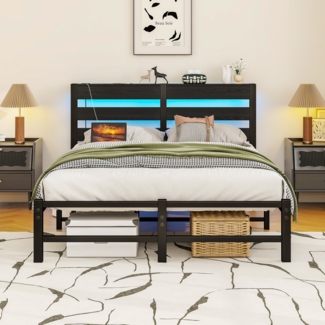 Metall-Plattformbettgestell, mit Stauraum-Kopfteil geräuschfrei ohne Boxspring erforderlich, Metall, Schwarz, 90 x 200 cm