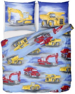 LINKHOFF Kinderbettwäsche Bagger Bettwäsche 135x200 2tlg. - Kinder Bettwäsche Junge, Bügelfrei, Atmungsaktiv, Renforce-Bettwäsche, 100% Baumwolle