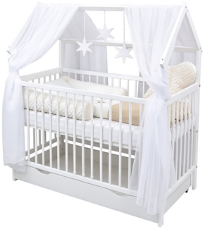 Baby-Delux Komplettbett Hausbett Babybett Schublade Schutzgitter Beißschienen Komplettset, 11-tlg, Kinderbett 60x120 cm weiß, Bettset verschiedene Designs