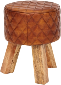 Sitzhocker Echtleder / Massivholz 35 x 46 x 35 cm Modern Fußhocker Rund, Turnbock Lederhocker Braun, Kleiner Hocker Gepolstert, Holzhocker mit Leder-Bezug