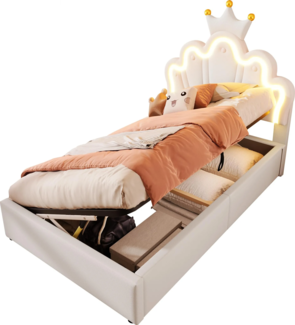 Prinzessinbett mit LED-Beleuchtung und Stauraum, 90x200cm, höhenverstellbarer Kopfteil, Mädchenbett, Polsterbett für Mädchen, Einzelbett
