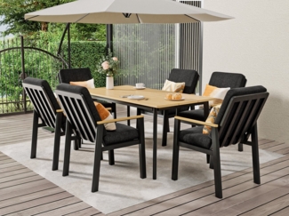 MeXo Gartenlounge-Set, (Gartenmöbel-Set aus Aluminium, 7-tlg, mit Polywood-Tisch & ergonomischen Sesseln inkl. Kissen), Belastbarkeit pro Sitzplatz 140 kg