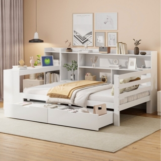REDOM Schlafsofa Daybett,Funktionsbett,Stauraumbett, aus Massivholz 90x200 cm mit Schreibtisch, Bücherregal, 2 Schubladen, Regalen & Steckdose, mit Matratze