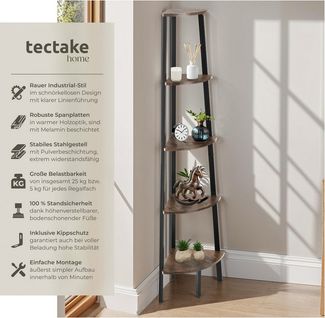 tectake Bücherregal Eckregal, inklusive Kippschutz, 34 x 34 x 158,5 cm, Holzregal Portland 1-tlg, mit 5 Ebenen, mit höhenverstellbaren Kunststofffüßen