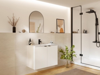 Vente-unique - Waschbeckenunterschrank hängend mit Einbauwaschbecken - Streifenoptik - Weiß - 80 cm - PARMIZA
