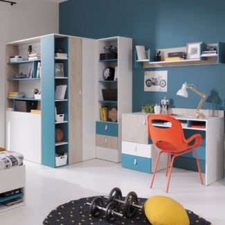 Lomadox Jugendzimmer-Set PITTSBURGH-133, (Sparset, 4-tlg), mit begehbarem Kleiderschrank und Schreibtisch, weiß/Eiche/blau