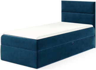 MEBLINI Kinderbett mit Bettkasten MINO 1 80x200 Rechts – H3/Blau Samt Gepolstert Einzelbett mit Matratze - Polsterbett mit Stauraum - Bett mit Kopfteil – Stauraumbett