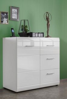 Kommode, Sideboard 'Adana' mit 1 Türen / 3 Laden, Weiß Hochglanz, ca. 96 x 86 x 39 cm