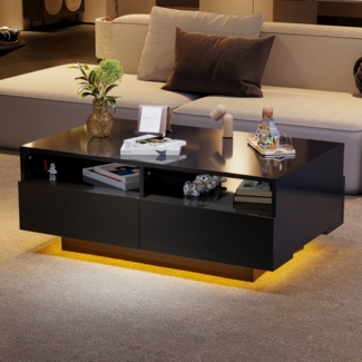Merax Couchtisch mit Schubladen und Stauraum inkl. LED, Wohnzimmertisch hochglanz Beistelltisch Kaffetisch Sofatisch, Schwarz