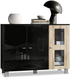 Vladon Sideboard Denjo, Kommode mit 3 Türen, Schwarz matt/Schwarz Hochglanz/Eiche Sägegrau (107 x 81 x 35 cm)