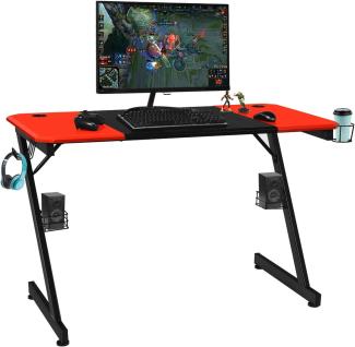 COSTWAY Z-foermige Gaming Tisch 120x60x77cm, Computertisch, PC Tisch mit Becherhalter, Kopfhoererhaken und Boxenstaendern, Schreibtisch fuer Zuhause oder Buero, rot und schwarz