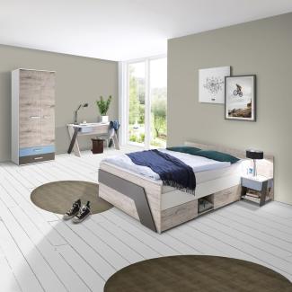 Jugendzimmer Set mit 140x200cm Kojenbett LEEDS-10 in Sandeiche Nb. mit weiß, Lava und Denim Blau