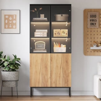 KLAM HOME Vitrine 180cm Hochschrank mit LED-Leuchten, Bücherregal, Vitrine mit Glastüren 5-stöckige Glasvitrine für Sammlerstücke, Büro, Schwarz/Eiche