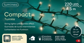 Lumineo LED-Lichterkette Lumineo Lichterkette COMPACT TWINKLE 220 LED 4,5 m warm weiß, Dimmbar, 8h-Timer, Indoor, Outdoor