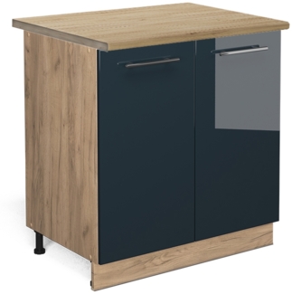 Küchenunterschrank Fame-Line Dunkelblau Hochglanz 80 cm mit Regal, AP Eiche Vicco