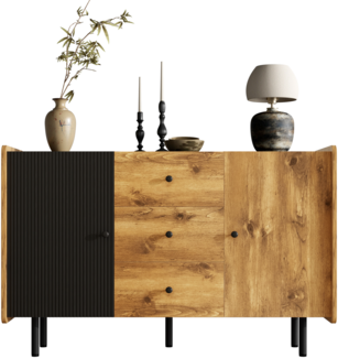 LVHOM Sideboard mit Schubladen und verstellbaren Einlegeböden, Kommode Altholzoptik, Anrichte, Mehrzweckschrank, Schwarz, 120 x 40 x 75 (BxTxH) cm