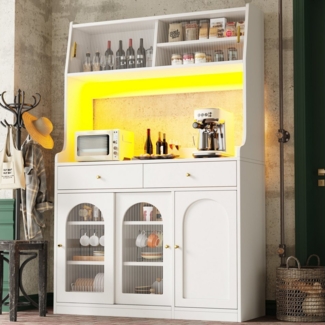 MODFU Hochschrank Küchenschrank,Vitrinenschrank,Buffetschrank (Hochwertiger Küchenschrank mit LED-Beleuchtung, Verstellbaren Ablagen & Kippschutz – Vitrinenschrank für Küche und Wohnzimmer mit 2 Schubladen & App-gesteuertem Licht)