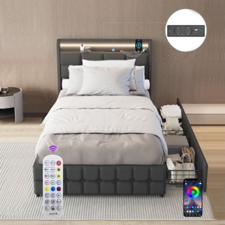 oyajia Polsterbett LED Doppelbett 140x200cm mit Ladefunktion und 2 Schubladen Polsterbett, Einzelbett Bettgestell mit Kopfteil und Lattenrost, Leinen Polsterbett