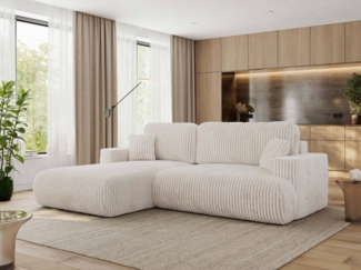 Ecksofa OVO mit schlaffunktion und bettkasten, Wellenfeder, lose Kissen, L-form 271x195 cm - Beige Cord - linke Seite