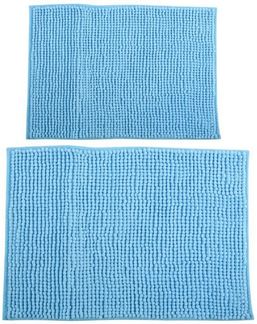 MSV Badteppich 2er Set Badvorleger Duschvorleger Chenille Hochflor Badematte 40x60 cm + 60x90 cm – Hellblau