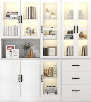 Merax Modernes weißes Kombivitrinen-Set 200 cm hoch und 180 cm lang, weiße Standvitrine mit LED-Beleuchtung, 8 Türen, 3 Schubladen