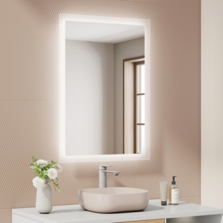 EMKE Badspiegel mit Beleuchtung, 70x50cm, Kaltweißes/Warmweißes Licht, Knopfschalter, Beschlagfrei, Speicherfunktion