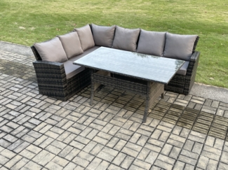 Fimous 6 Sitzer Garten Rattanmöbel Set Rechteckiger Esstisch Dunkelgrau gemischt
