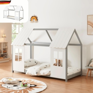 DELUKE® Kinderbett 90x200 GELO - mit Lattenrost Rausfallschutz Haus-OptikEinzelbett aus Holz Hausbett Kinderzimmer Montessori Bett Grau