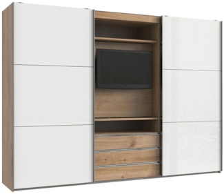 Lomadox Kleiderschrank MIDLAND-43 in Eiche Schwebetüren Glasfront weiß TV Halterung 300x216x65 cm