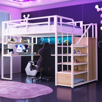 Merax Metall-Hochbett 140 x 200 cm Kinderbett, Jugendbett, Mit Aufbewahrungsleiter und Einfachem Kleiderschrank, Mit Ablage, Tisch und Netzregal. Stabiler Metallrahmen, Weiß
