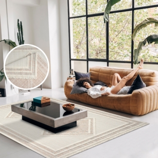 Teppich Wohnzimmer - 200x290cm - Terra - Boho-Style mit Fransen - Modern Raute Optik - Flachflor Wohnteppich Schlafzimmer Deko