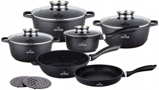 Zilner Topf-Set Schwarze Töpfe in verschiedenen Größen mit Pfannen Steinbeschichtung, Aluminiumguss, Aluminium, Keramik, Edelstahl (1.3L / 2.3L / 3.4L / 4.5L / 6.8L, 12-tlg, Es ist eine perfekte Geschenkidee für jeden Anlass. Bestseller-Topfset), Innov...