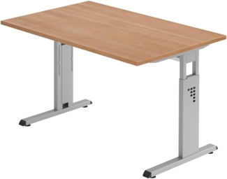 bümö höhenverstellbarer Schreibtisch O-Serie 120x80 cm in Nussbaum, Gestell in Silber - PC Tisch klein für's Büro manuell höhenverstellbar, Computertisch verstellbar, OS-12-N-S