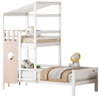 IDEASY Holzbett Kinderbett 90x200, Etagenbett mit Dachschräge, (21 cm über dem Boden), hochwertiger Lattenrost aus Massivholz, grau/weiß