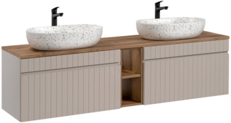 ICONIC Badmöbel-Set 180 cm mit einer Waschtischplatte und 2 Lili-Aufsatzwaschbecken (46x180cm), Kaschmir matt,Eichenküste Evoke