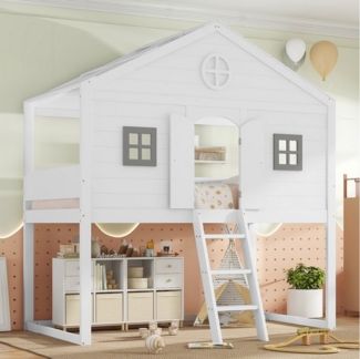 TavilaEcon Etagenbett Hausbett mit Treppe, Fallschutz, Gitter und zwei grauen Fenstern, mit hochwertigen Materialien und stabiler Konstruktion, 90x200 cm