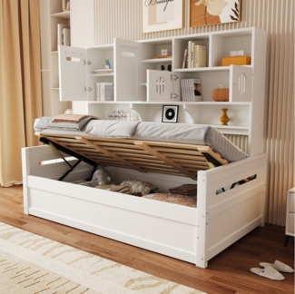 Merax Daybett (Kieferholz Sofabett Schlafsofa Jugendbett Kinderbett Einzelbett Schrankbett, 1 tlg), Tagesbett 90x200cm mit hydraulischem Stauraum, Schrank & Regalfächern