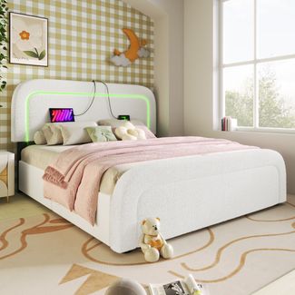 Polsterbett 160x200 cm, Sherpa-Weiß mit LED, USB-C, 4 Schubladen & höhenverstellbarem Kopfteil, ohne Matratze