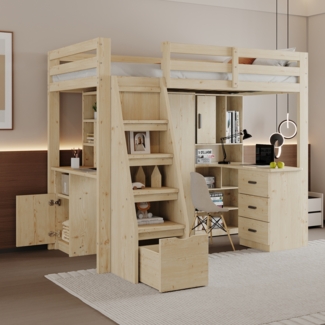Merax Hochbett 90*200 cm, Arbeitstisch mit Regalen und Schränken, Sicherheitskletterleiter mit Stauraum, mit Stauschubladen, Einzelbett Jugendbetten, Kinderbetten, Massivholzrahmen, Holzfarbe