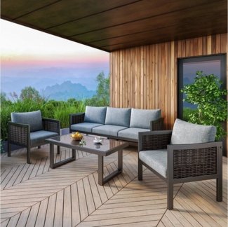 Flieks Gartenlounge-Set, 5-Sitzer Polyrattan Gartenmöbel 3er-Sofa 2 Sessel Tisch mit Glasplatte
