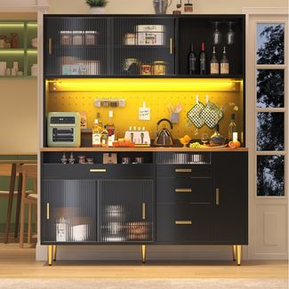 Flieks Küchenbuffet mit LED-Beleuchtung, Lochwandregalen, Glasschiebetür und Gläserhalter (145x39x171 cm, 1-St, Arbeitsplatte in Holzoptik) Hochschrank Küchenschrank Geschirrschrank mit verstellbarer Ablagen