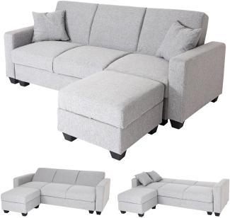 Sofa HWC-H47 mit Ottomane, Couch Sofa Gästebett, Schlaffunktion Stauraum 217x145cm ~ Stoff/Textil hellgrau