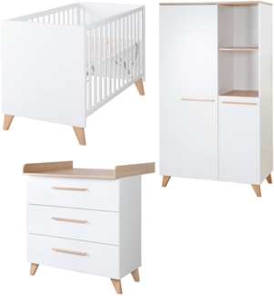 Roba Babyzimmer Set 'Leon' 3-teilig - Baby- & Beistellbett 60x120 cm + Wickelkommode + Kinderkleiderschrank 2-türig - Weiß / Dekor Othello Eiche