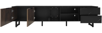 200cm TV-Schrank mit schwarzer Marmoroptik, dunklen Holzmasertren, verstellbarer LED-Beleuchtung, zwei Tren und zwei Schubladen, geeignet fr Staubsaugerroboter