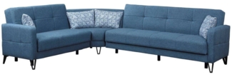 Dmora Schlafsofa mit Halbinsel Apo, Wende-Container-Schlafsofa mit 4 Kissen, Stoffsofa mit Klick-Klack-Öffnung, 302 x 234 x 88 cm, Blau