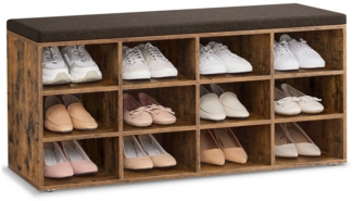 VASAGLE Schuhbank, Schuhregal mit Sitzfläche, Sitzbank mit Stauraum, Kissen, 12 Fächer, verstellbare Ablagen, für Wohnzimmer, Flur, 30,3 x 104 x 48 cm, vintagebraun-kastanienbraun