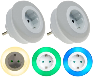 TRANGO LED Nachtlicht, Farbwechsel, 2er Set 11-253 LED Kindernachtlicht mit Steckdose *ALEX* Orientierungslicht, Nachtlampe incl. Helligkeits- Dämmerungssensor & Touchschalter, warmweiß, Blau, Grün, für drei LED Farbeinstellung warmweiß-blau-Grün Siche...